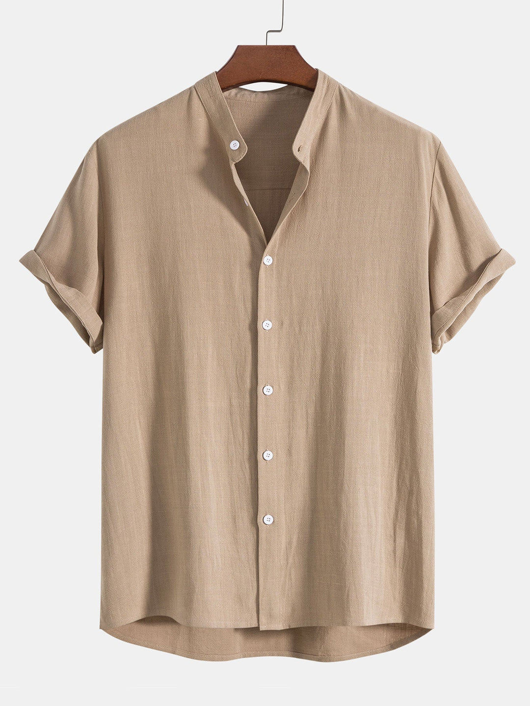 Beige slim fit men's linen co-ord set, perfect for smart casual wear. Includes short sleeve top & ankle pants.