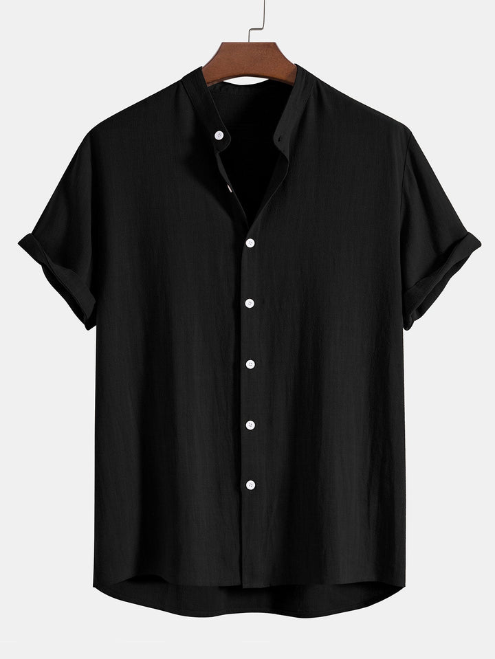 Black smart casual men's linen two-piece set. Features a slim fit short sleeve top and stylish ankle pants.