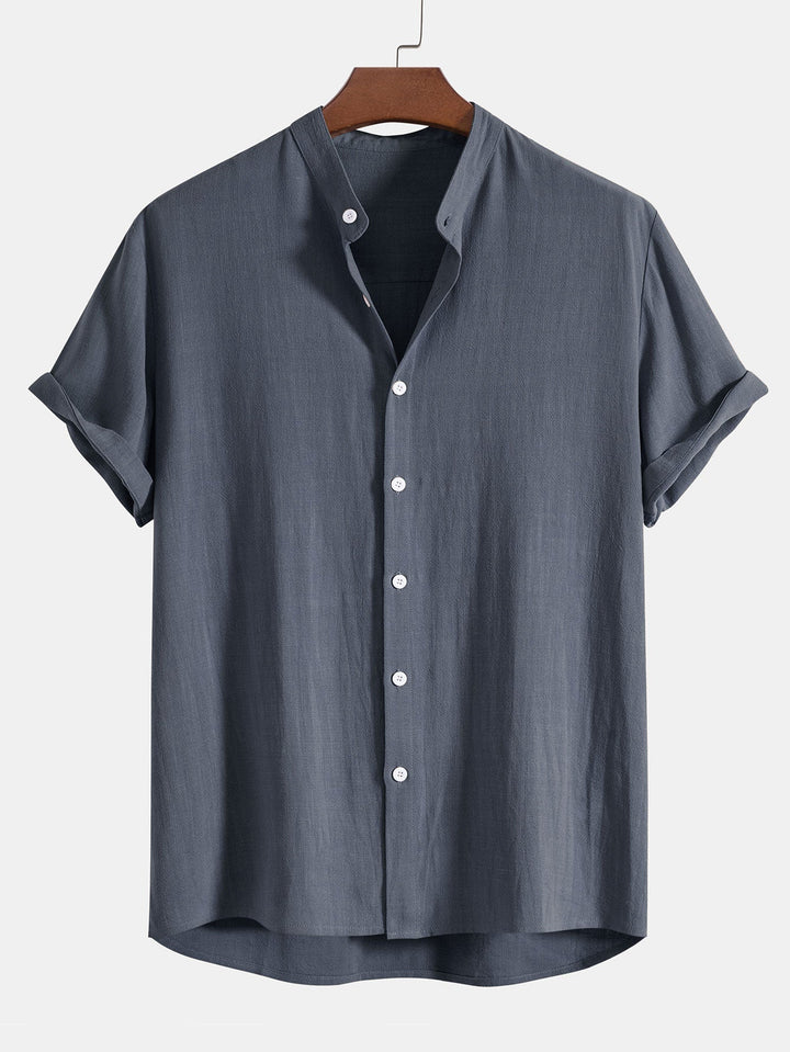 Gray comfortable men's co-ord set. Slim fit linen short sleeve top and ankle pants for a relaxed modern look.