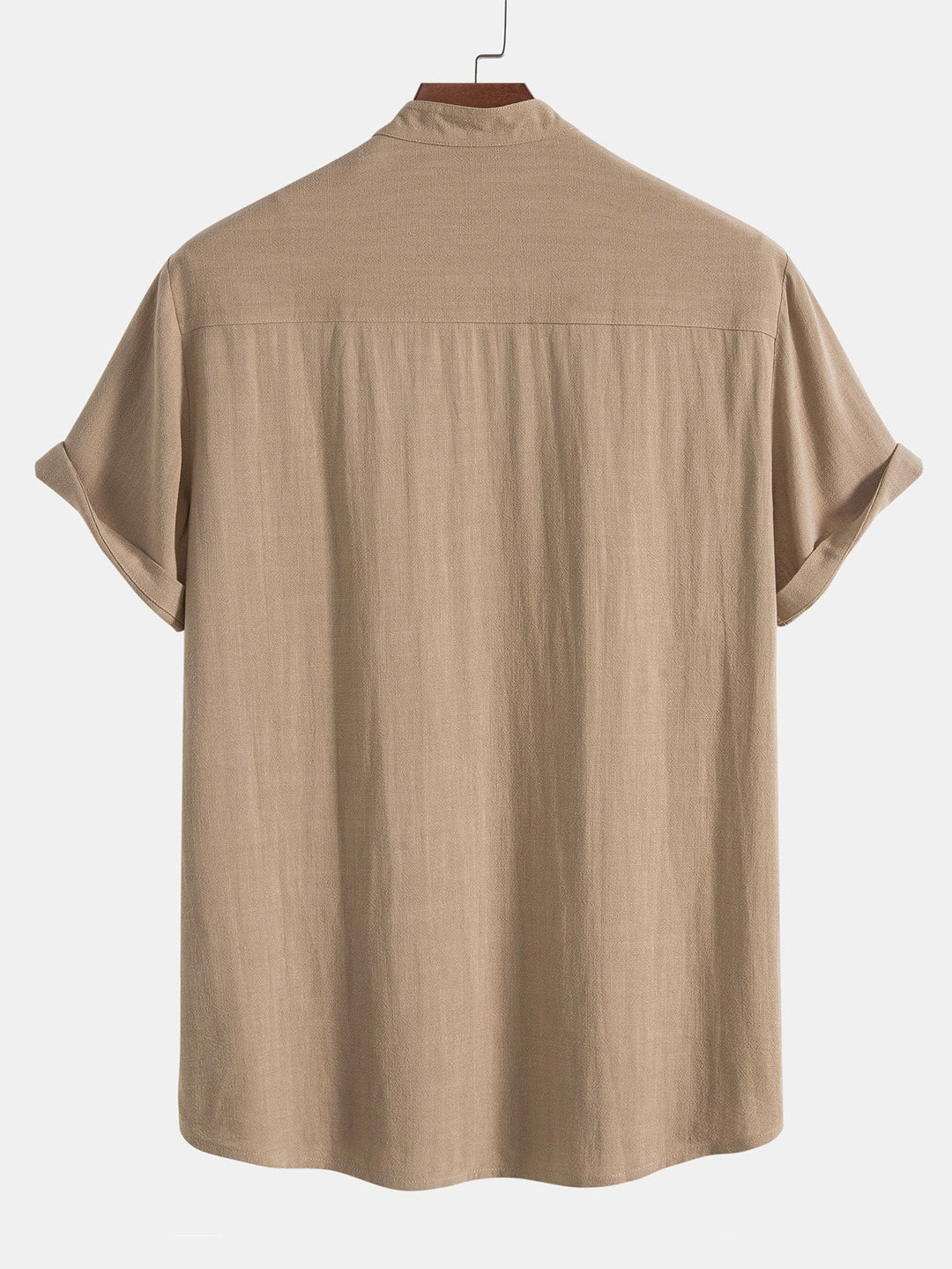 Detail of beige men's slim fit linen short sleeve top, part of a modern two-piece co-ord outfit set.