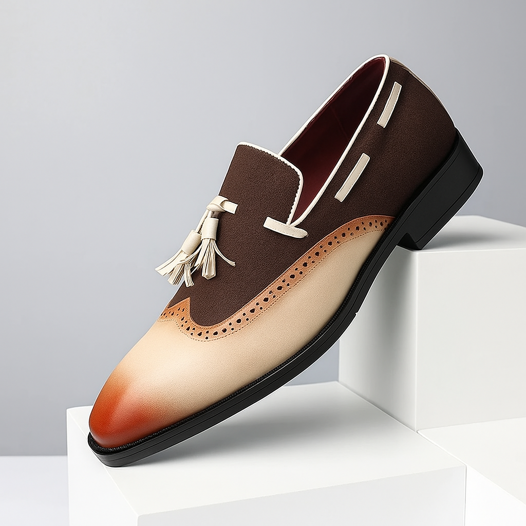 Close-up of men's Bellano tassel loafers, highlighting the unique gradient finish and comfortable design.