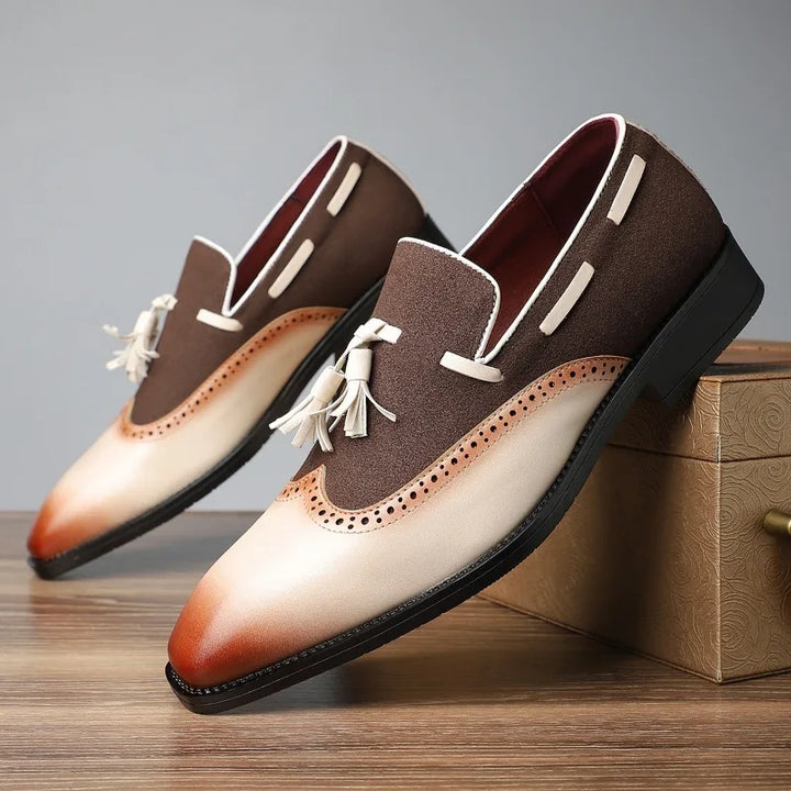 Elegant Bellano men's slip-on loafers with luxurious tassels & a sleek gradient finish. Cushioned for comfort.