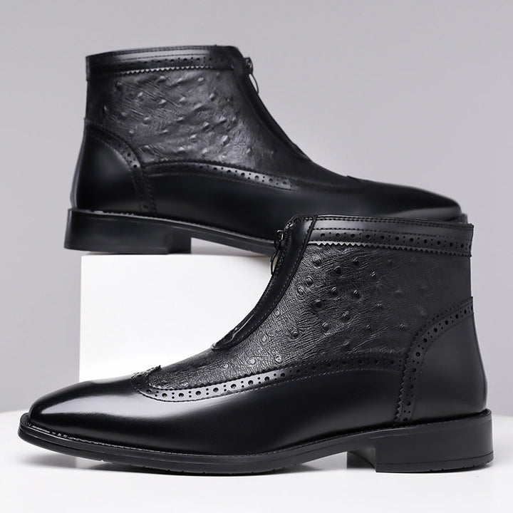 Black leather men's Belmont Classic Zip-Up Boots, a sophisticated ankle boot design.