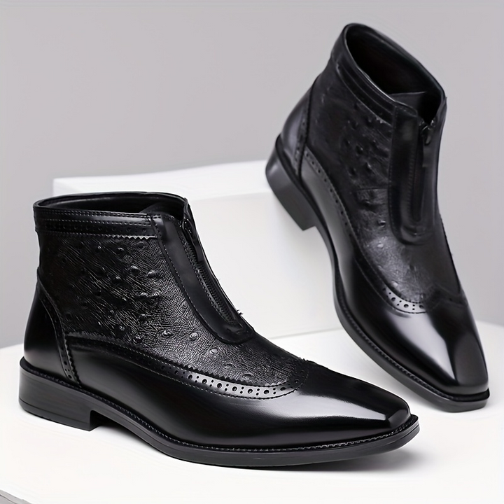 Classic men's Belmont Zip-Up Boots, timeless black leather dress boots for modern style.