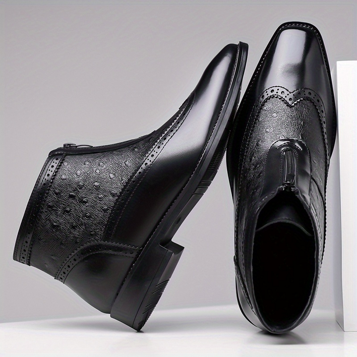 Elegant black leather Belmont Classic Zip-Up Boots, a sophisticated men's brogue ankle boot.