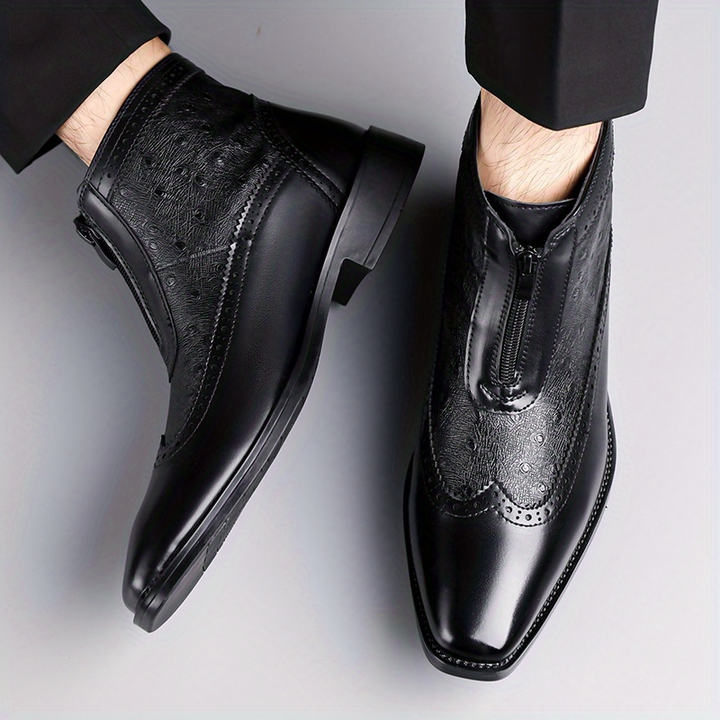 Step into style with men's Belmont Classic Zip-Up Boots, comfortable black leather dress footwear.