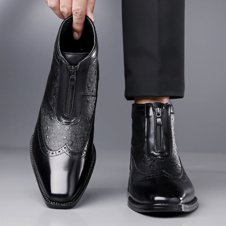 Polished black leather men's Belmont Classic Zip-Up Boots, elegant and sophisticated dress boot.