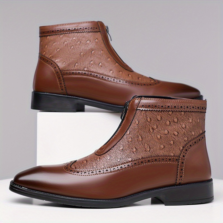 Stylish men's Belmont Classic Zip-Up Boots, easy-on black leather brogue ankle footwear.