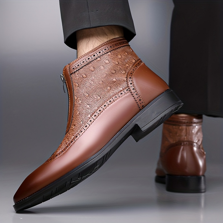 Comfortable men's Belmont Classic Zip-Up Boots, stylish black leather dress footwear.