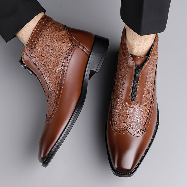 Sophisticated men's Belmont Zip-Up Boots with brogue detailing, black leather ankle style.