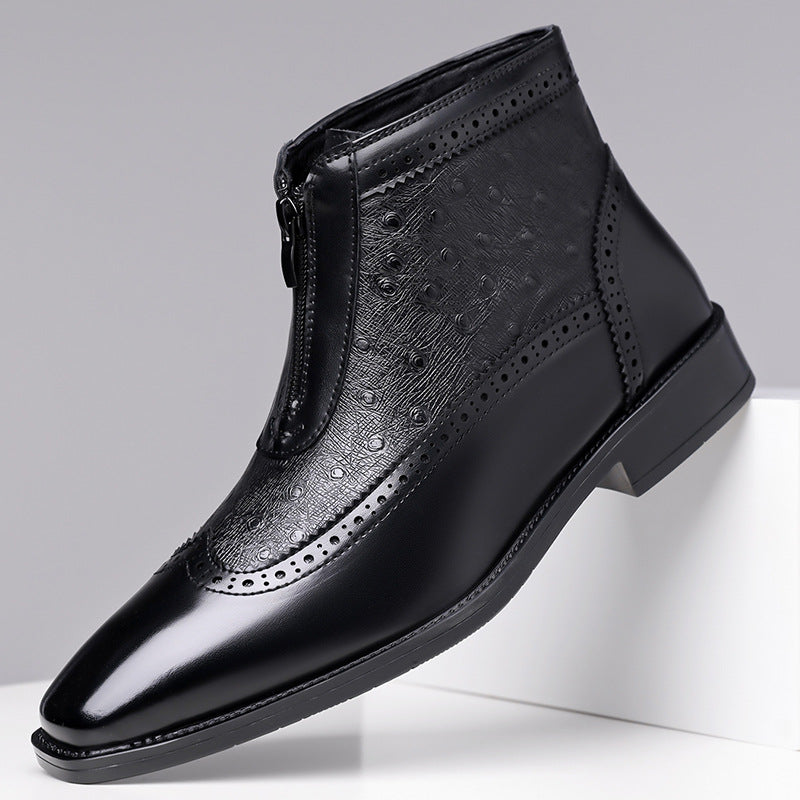 Men's fashion Belmont Classic Zip-Up Boots, stylish black leather footwear with brogue accents.