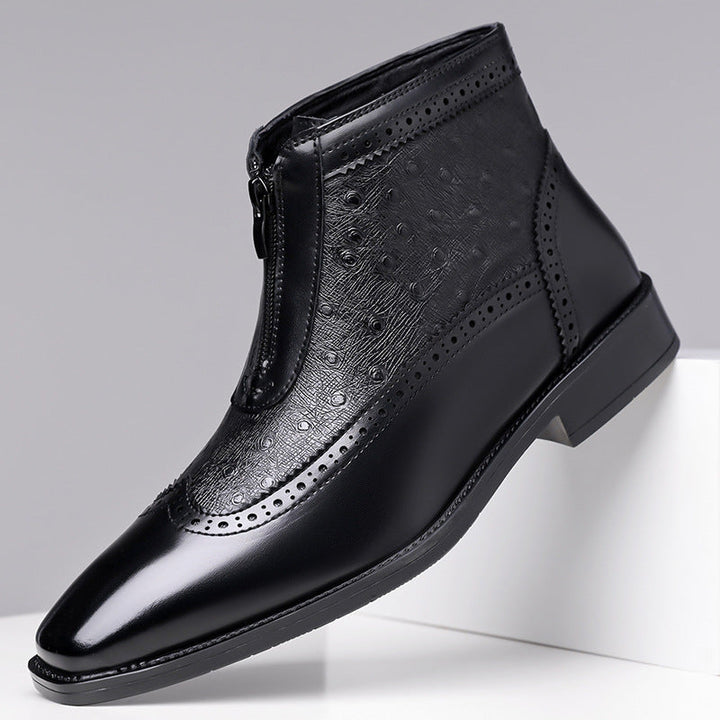 Men's fashion Belmont Classic Zip-Up Boots, stylish black leather footwear with brogue accents.