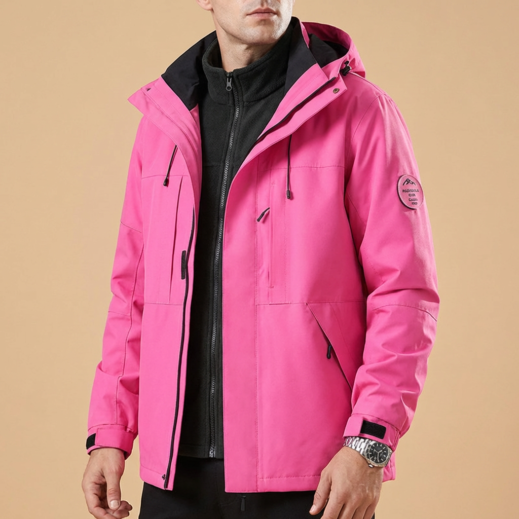 Stylish man wearing a warm Belmont jacket in snowy outdoors, ideal protective winter outerwear for cold weather.