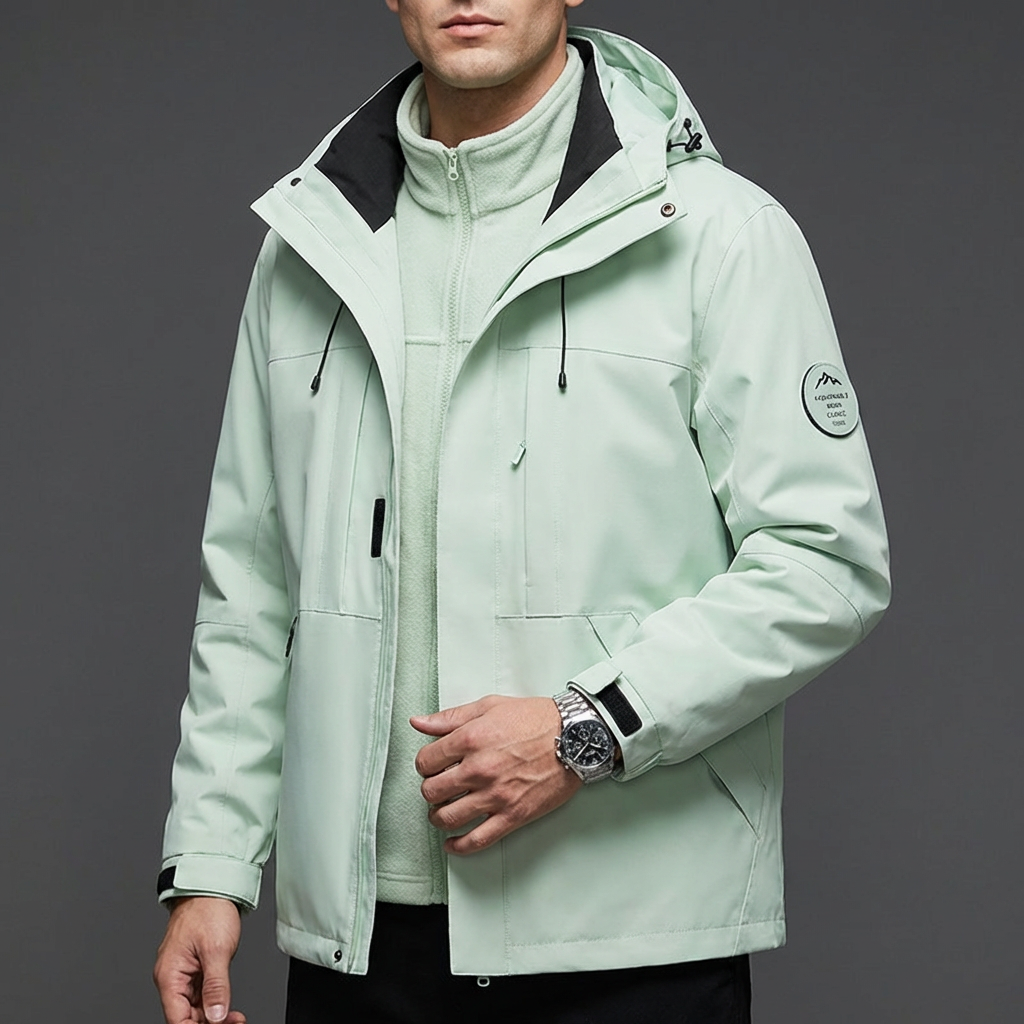 Man hiking in a protective & warm Belmont winter jacket, essential outdoor gear for cold-weather adventures.