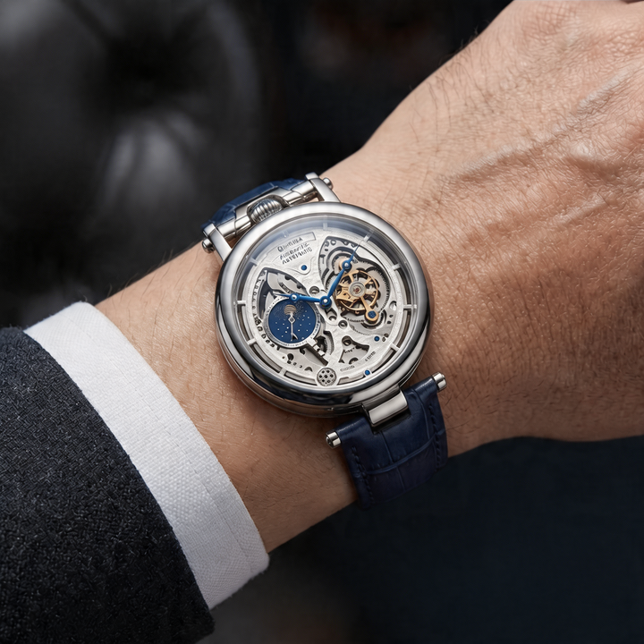 Men's Benedict skeleton mechanical watch with moon phase, black leather strap.