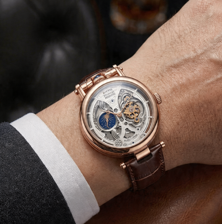Elegant men's Benedict luxury skeleton mechanical watch featuring a moon phase complication.