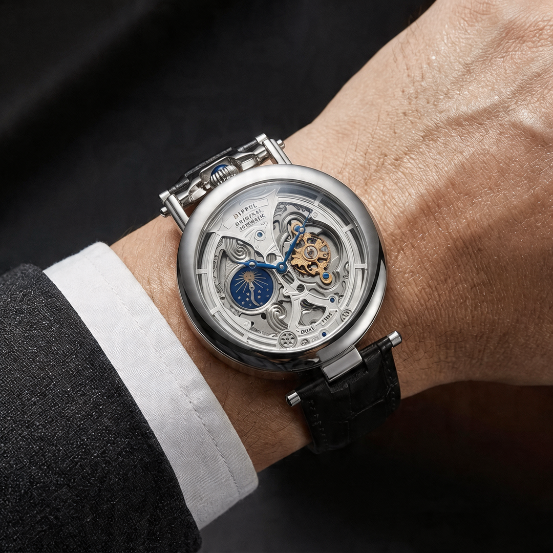 Close-up of Benedict men's skeleton mechanical watch dial, intricate gears & moon phase display.