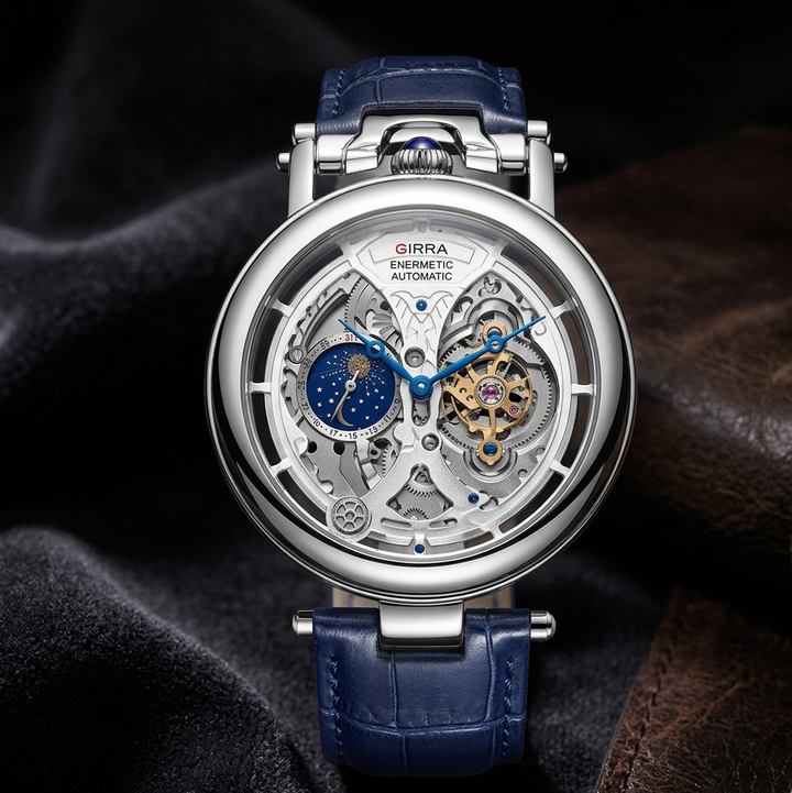 Men's Benedict skeleton mechanical wrist watch with moon phase, showcasing the sophisticated movement.