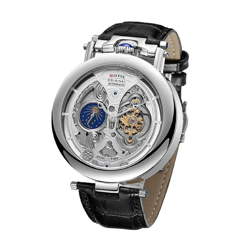 Luxury men's Benedict skeleton mechanical timepiece with a detailed moon phase and brown leather strap.