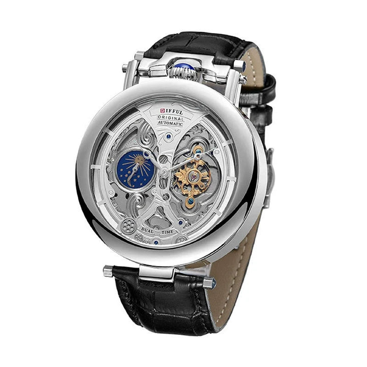 Luxury men's Benedict skeleton mechanical timepiece with a detailed moon phase and brown leather strap.