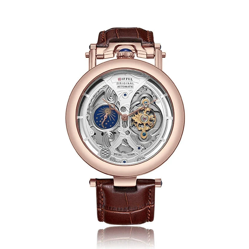 Benedict men's elegant mechanical skeleton watch, highlighting the exposed gears and celestial moon phase.