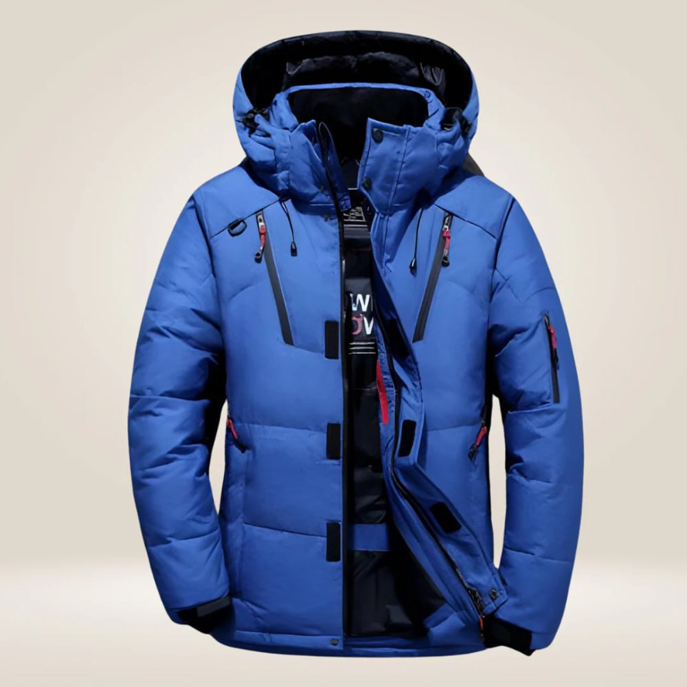 Men's black all-weather insulated winter jacket, waterproof & windproof with a warm hood for cold weather.