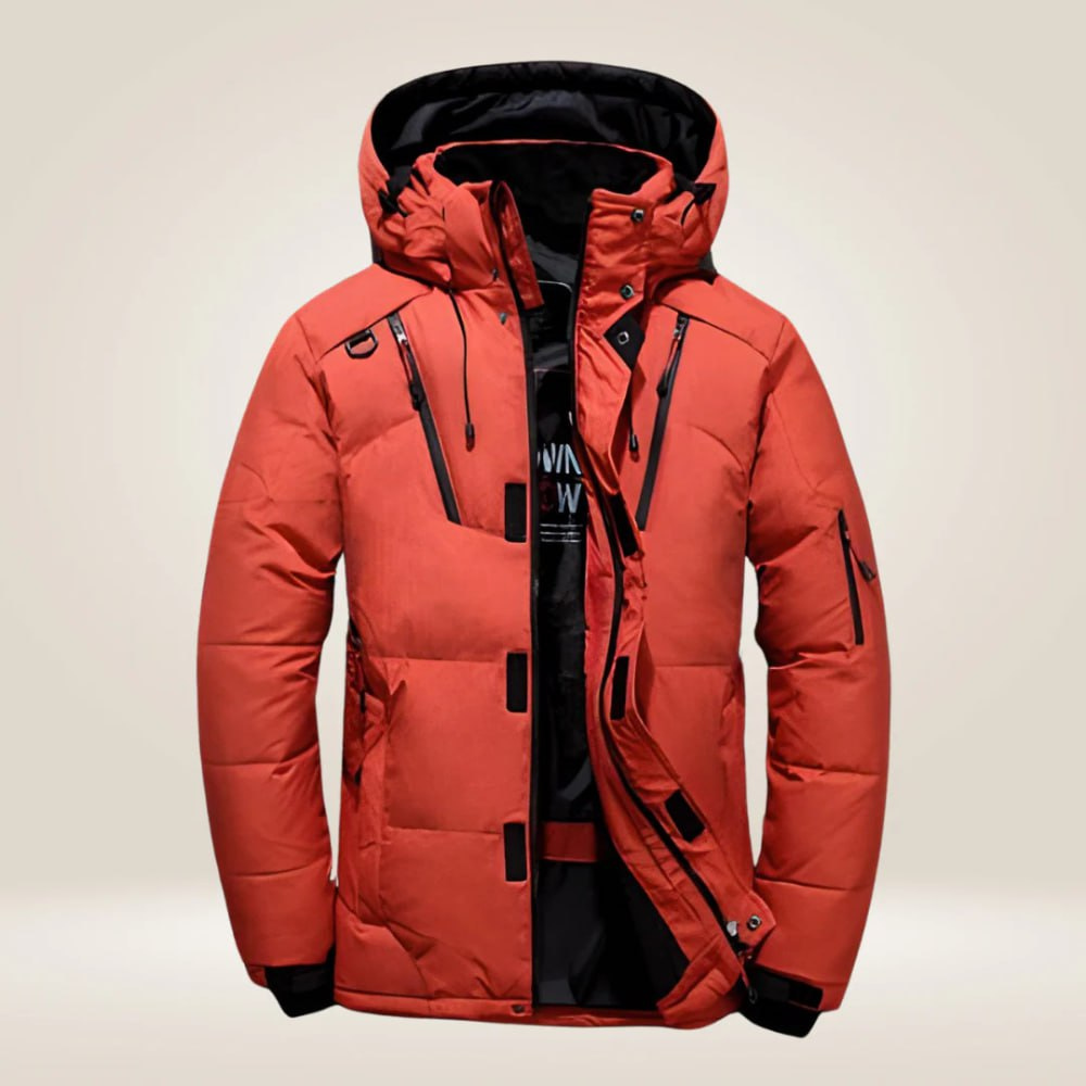 Back view: Men's waterproof, windproof, insulated jacket, ideal for winter adventures & cold weather outdoor wear.