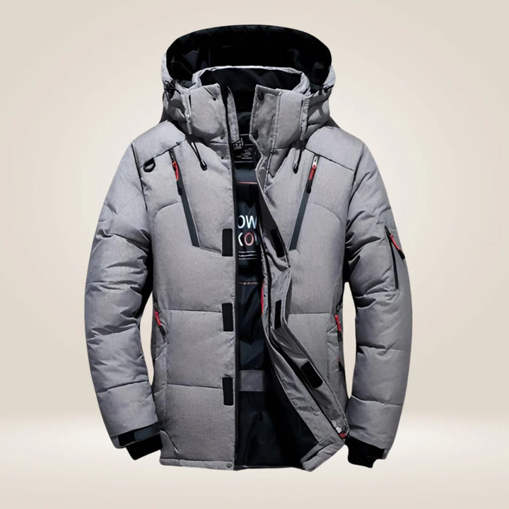 Close-up of durable, waterproof fabric on men's all-weather insulated winter jacket for ultimate protection.