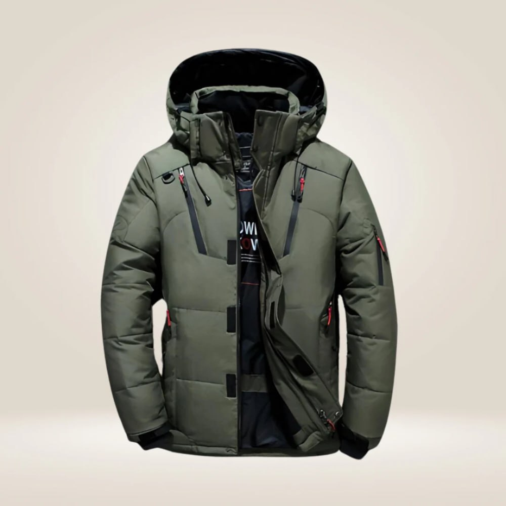Men's insulated winter jacket with secure zippers & ample pockets, ideal for cold weather & outdoor adventures.