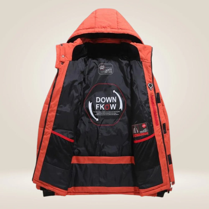 Adjustable hood on men's all-weather insulated winter coat, providing extra warmth & windproof protection.