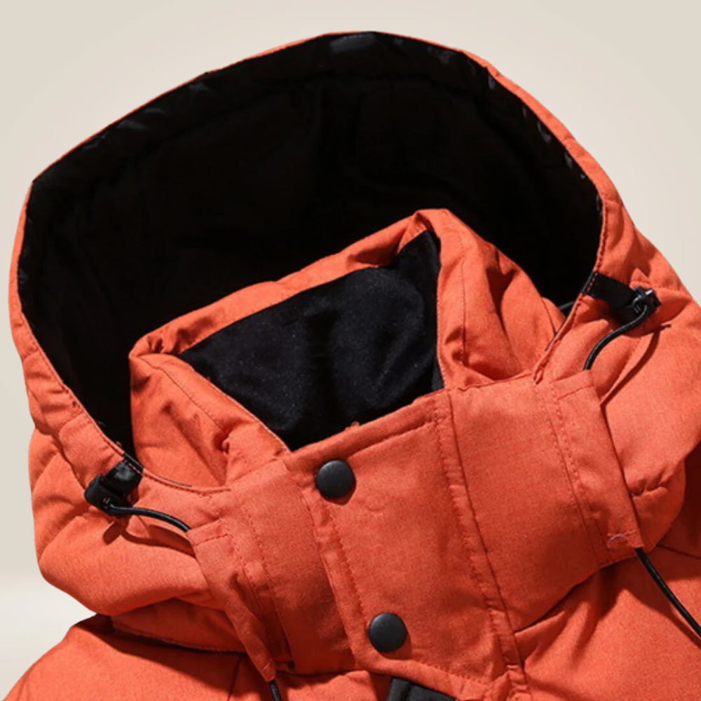 Navy blue men's all-weather insulated winter jacket, waterproof & windproof outerwear for extreme cold.