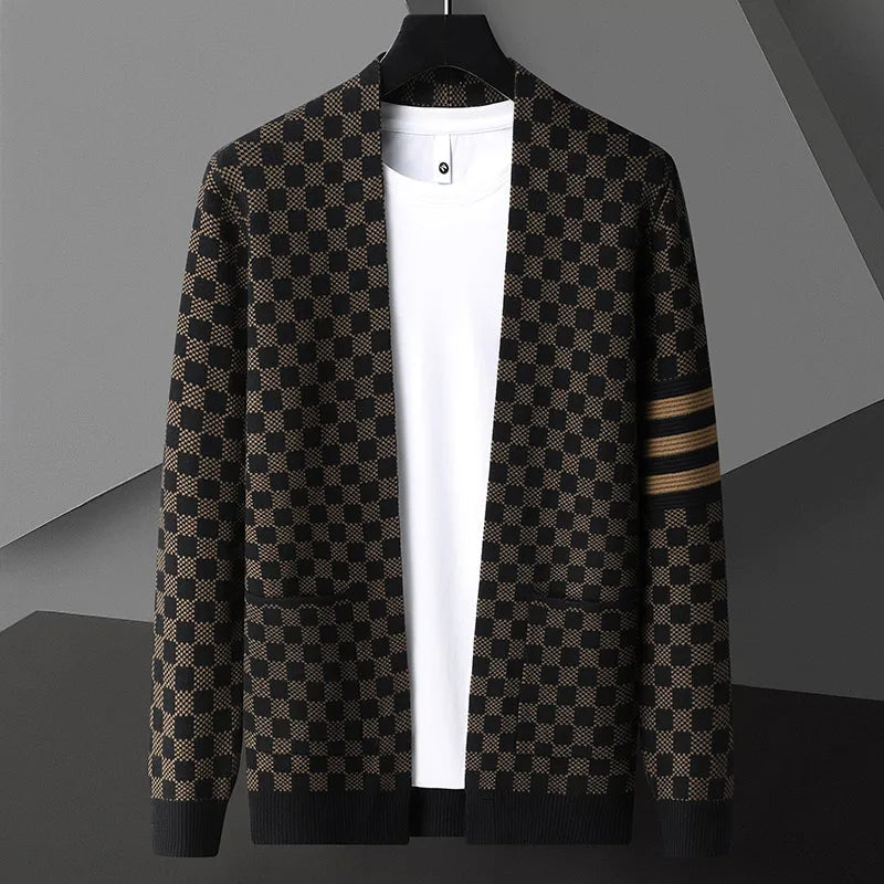 Men's black and white checkered open front cardigan, perfect for stylish layering in casual outfits.