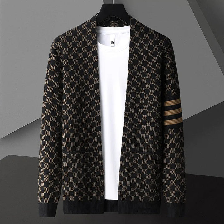 Men's black and white checkered open front cardigan, perfect for stylish layering in casual outfits.