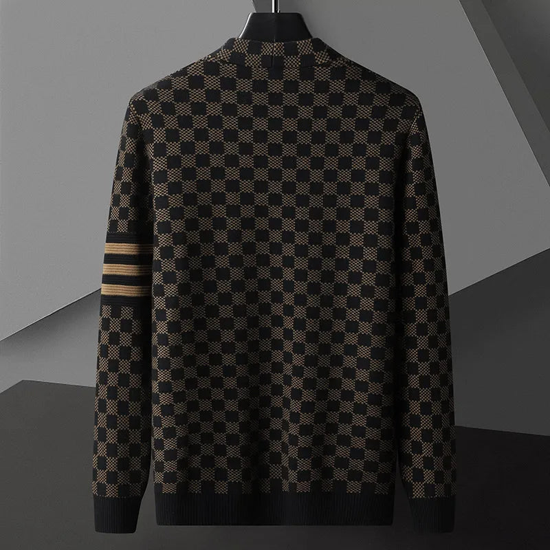 Monochrome patterned men's cardigan with an open front design, ideal for modern casual style.