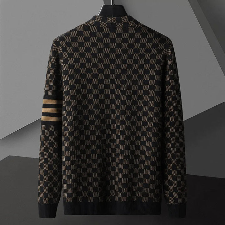 Monochrome patterned men's cardigan with an open front design, ideal for modern casual style.