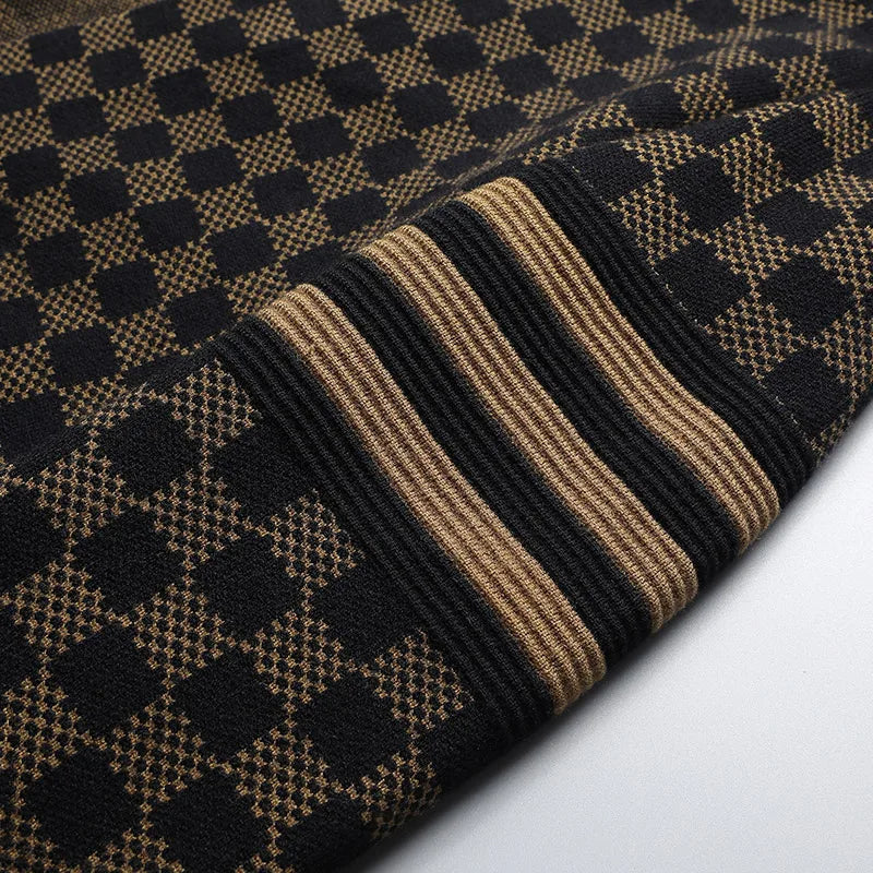 Comfortable men's open front cardigan, featuring a bold checkered pattern and soft knit fabric for everyday wear.