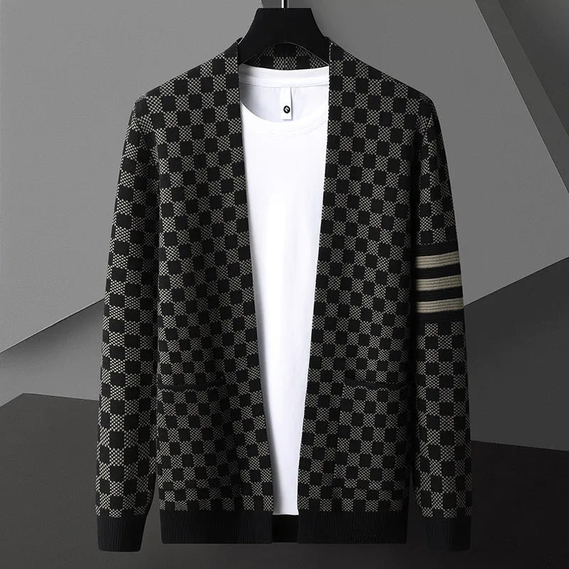 Fashionable men's checkered open front cardigan, a versatile piece of men's apparel for diverse layering options.