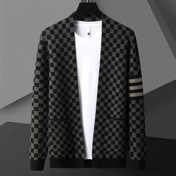 Fashionable men's checkered open front cardigan, a versatile piece of men's apparel for diverse layering options.