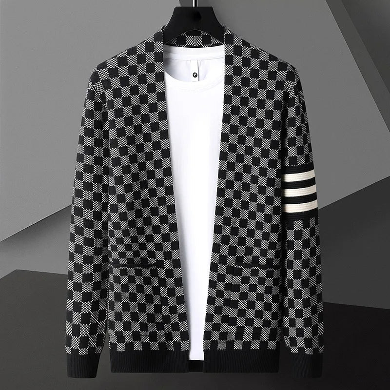 Modern men's stylish knitwear: a checkered open front cardigan for easy, elevated casual layering.