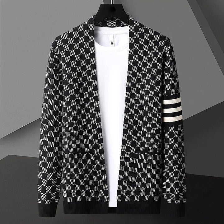 Modern men's stylish knitwear: a checkered open front cardigan for easy, elevated casual layering.