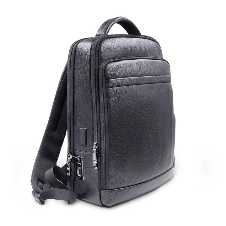 Men's black anti-theft leather backpack with secure fingerprint lock, ideal for travel & daily commute.