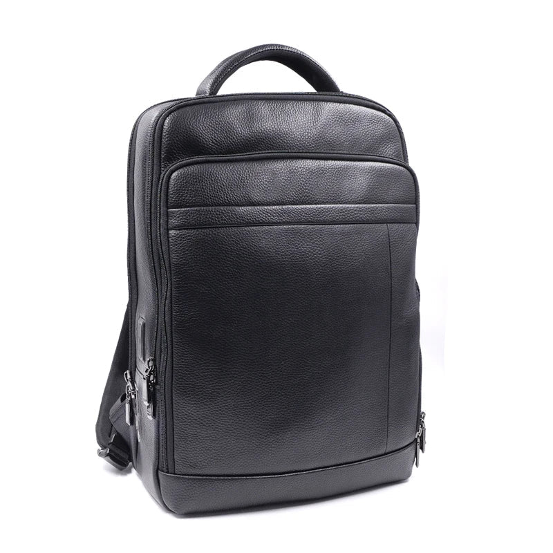 Stylish men's leather commuter backpack featuring anti-theft design & advanced fingerprint security for urban professionals.