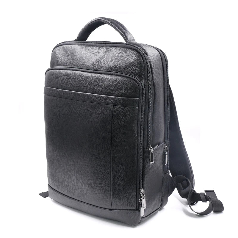 Premium men's leather security backpack in black, featuring sleek design and integrated fingerprint lock for valuables.