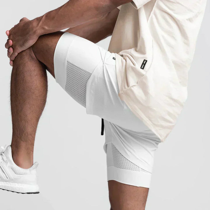Men's black breathable athletic shorts with side pocket, ideal for workout & activewear