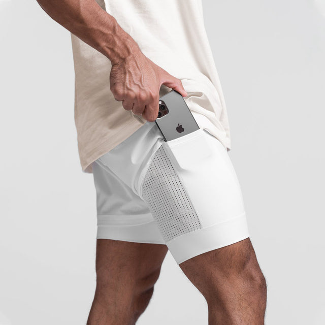 Side view of men's trendy sport shorts showing the convenient and spacious side pocket