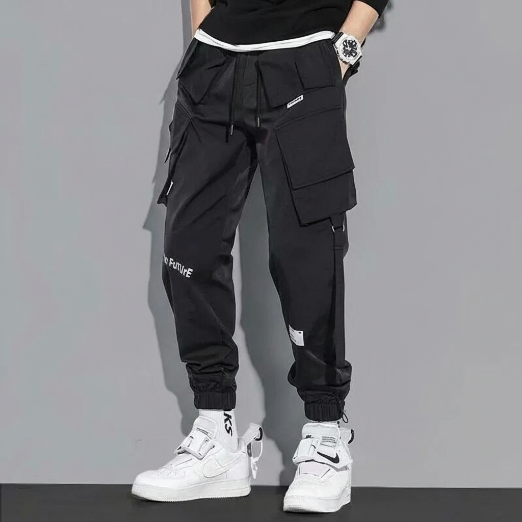 Alex men's cargo pants in a hip-hop style, featuring multiple pockets for utility