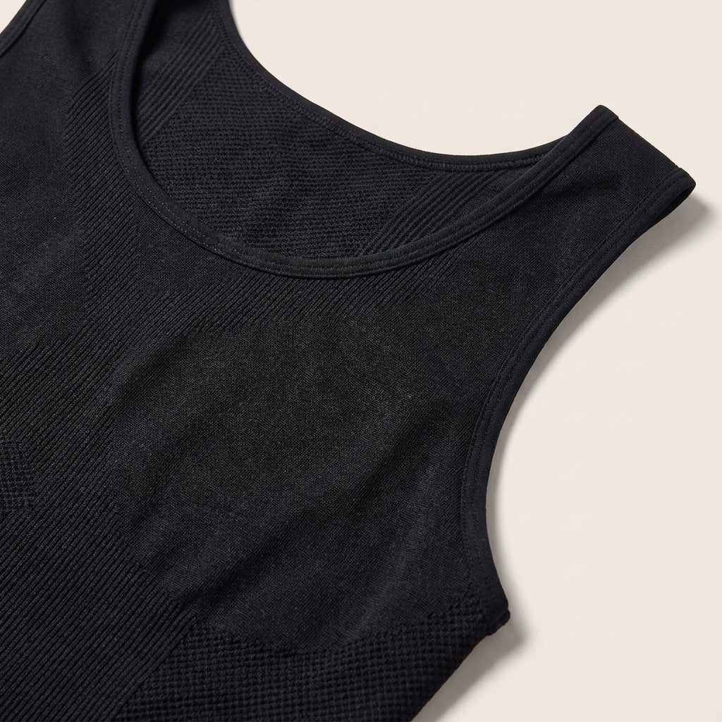 Athletic men's compression shirt in black, ideal for sport, enhancing posture and muscle definition