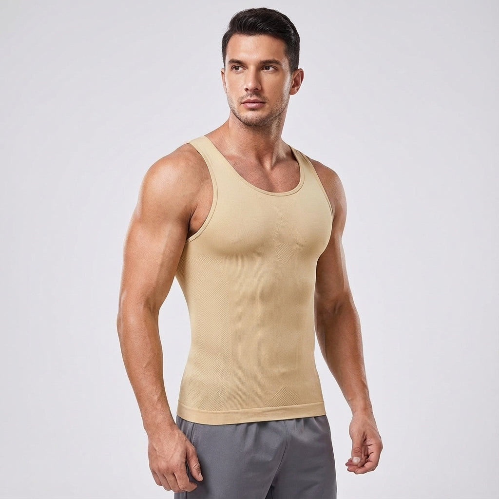 Seamless black men's sport shirt, compression fit for improved posture during athletic activities