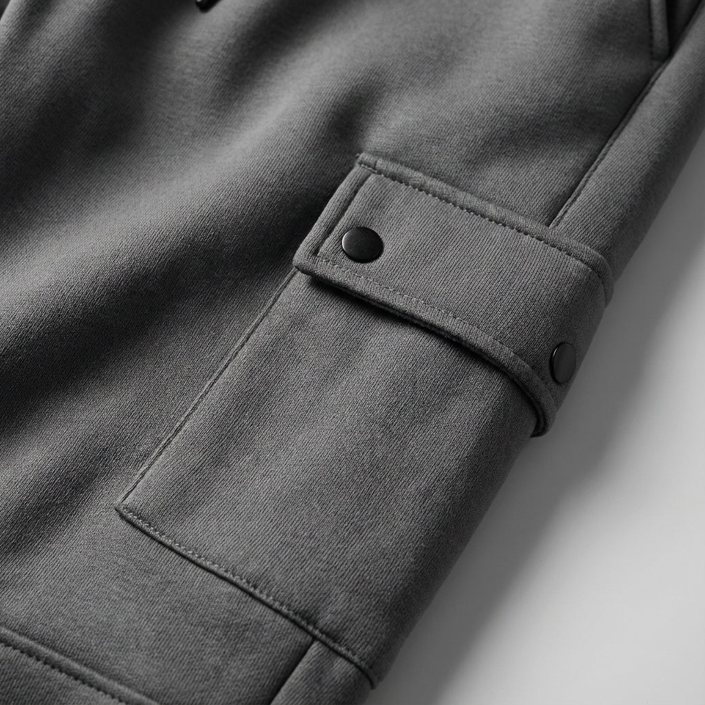 Close-up of men's cropped cargo trousers showcasing pocket detail and durable fabric