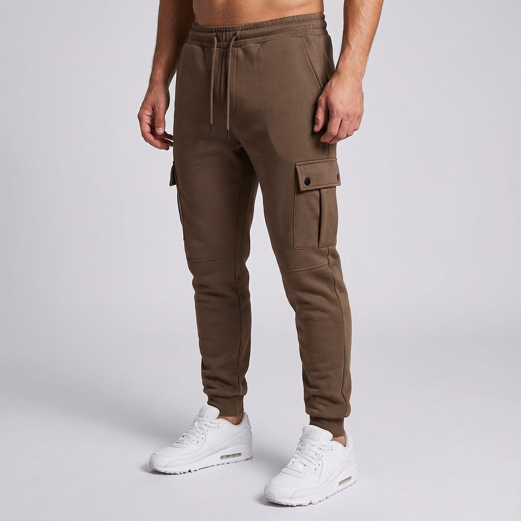 Front view of men's stretch cropped jogger cargo trousers, suitable for active or casual wear